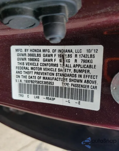 2012 Honda Civic Lx z USA, uszkodzony, nr VIN 19XFB2F58CE385953